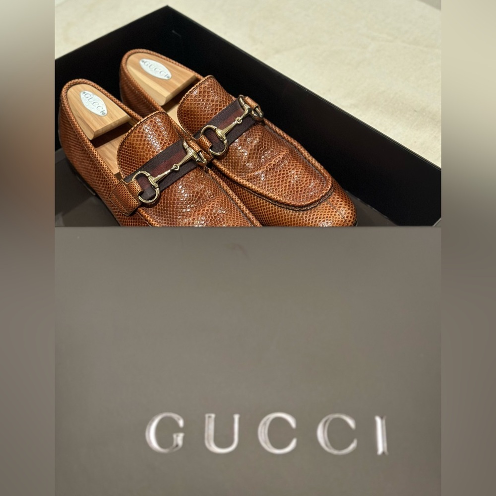 Vintage Gucci “Playboy” loafers in cognac watersnake exotic skin.